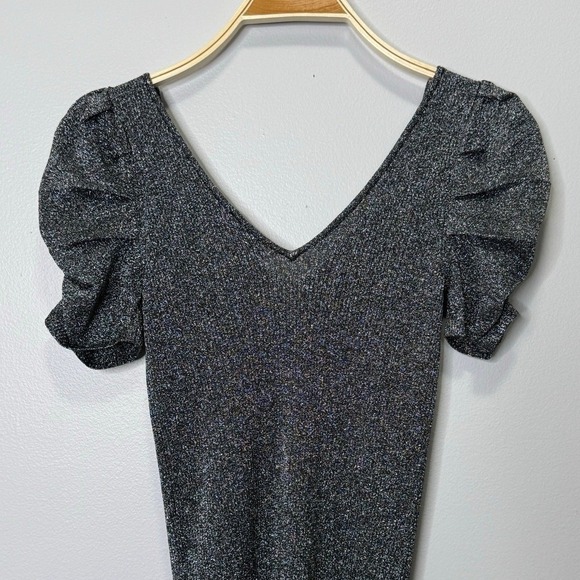 Sandro Metallic Puffed Sleeve Stretch Knit Top Silver Women Small Chic Dressy - Picture 7 of 12